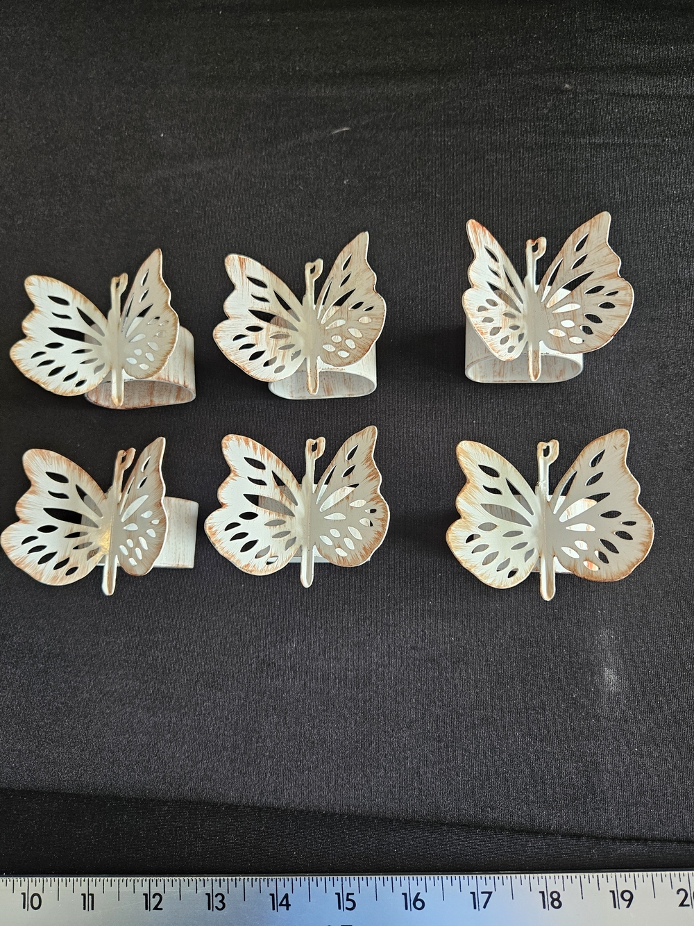 Set of 6 Metal Butterfly Napkin Rings - Distressed Cream with Copper Edges